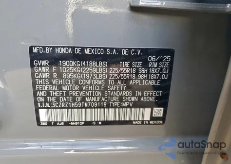 2026 Honda Hr-V Sport from USA, damaged, VIN 3CZRZ1H59TM709119